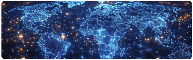 Une carte du monde comportant des lignes et des points de rÃ©seau interconnectÃ©s, symbolisant la connectivitÃ© et la communication Ã  lâÃ©chelle mondiale.