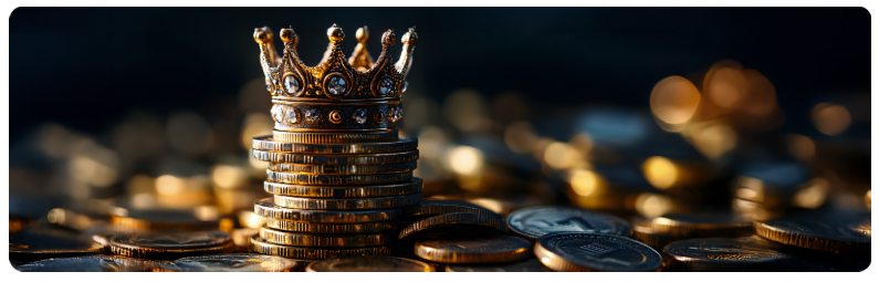 Une couronne dâor repose sur une pile de piÃ¨ces de monnaie brillantes, symbolisant la richesse et la royautÃ©.