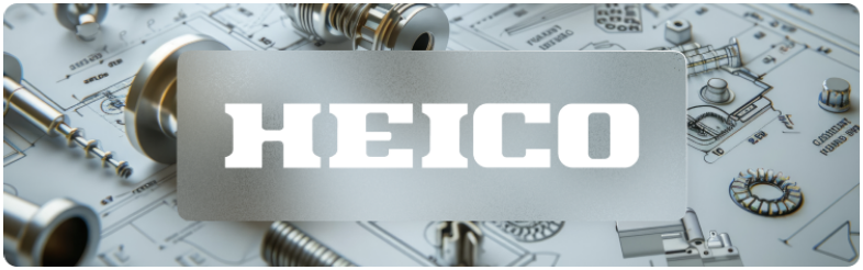 Le logo HEICO affiché en évidence sur un fond représentant les industries aérospatiale et de la défense.