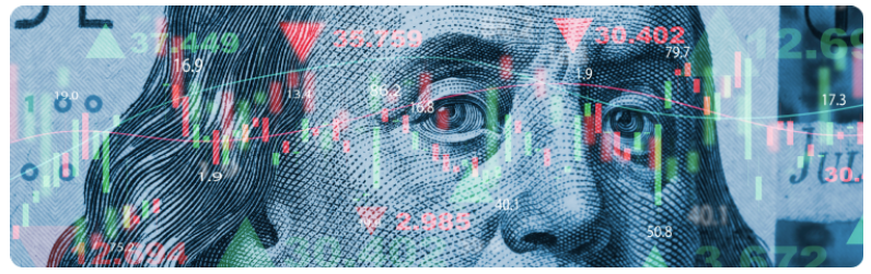 Un billet dâun dollar avec un graphique boursier, symbolisant le lien entre la devise et les marchÃ©s financiers.