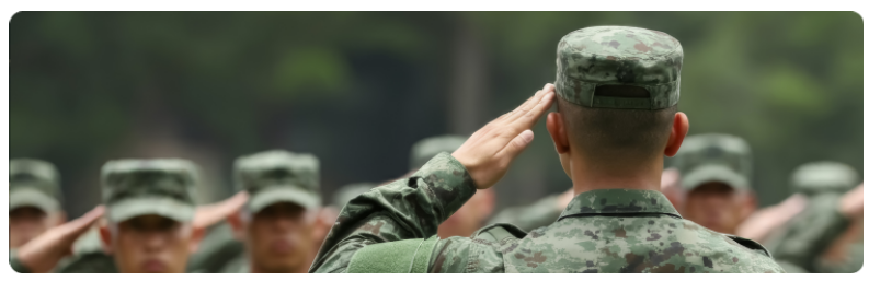 Un soldat salue respectueusement devant une formation de camarades, illustrant la camaraderie et la discipline militaires.