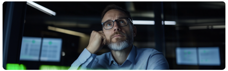 Un homme portant des lunettes et une barbe regarde attentivement derriÃ¨re un Ã©cran dâordinateur, concentrÃ© sur son travail