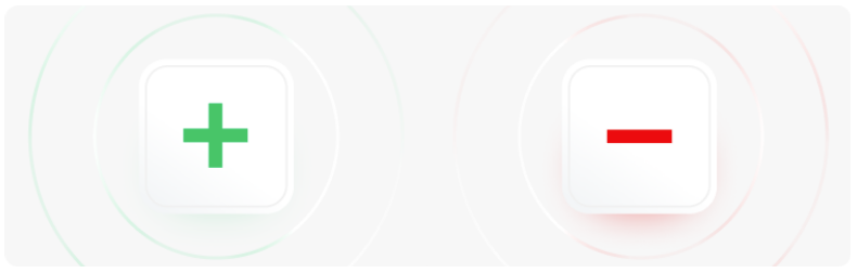 Deux icÃ´nes comportant des signes plus et moins rouge et vert, indiquant le pour et le contre.