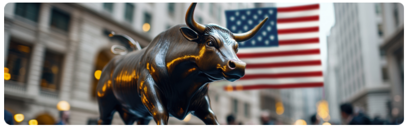 Une statue de taureau se dresse devant un bÃ¢timent, ornÃ©e dâun drapeau amÃ©ricain flottant Ã  lâarriÃ¨re-plan