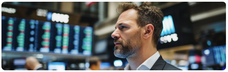 Un homme portant des lunettes observe attentivement un Ã©cran affichant des donnÃ©es et des tendances financiÃ¨res