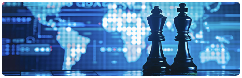 Deux piÃ¨ces dâÃ©checs positionnÃ©es sur un Ã©chiquier, avec une carte du monde en arriÃ¨re-plan