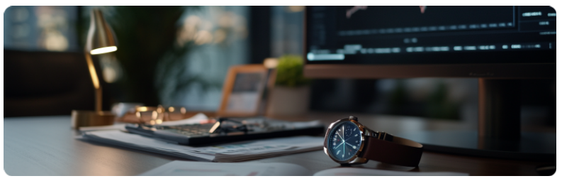 Un bureau sur lequel se trouvent un Ã©cran dâordinateur, une montre et une lampe, bien rangÃ©s pour un espace de travail productif