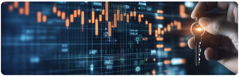 Une clÃ© devant des tableaux et graphiques boursiers, symbolisant ainsi la clÃ© dâun investissement rÃ©ussi
