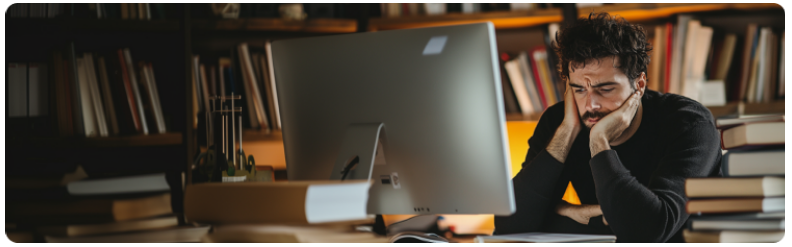 Un homme Ã  lâair triste assis Ã  un bureau, concentrÃ© sur son Ã©cran dâordinateur
